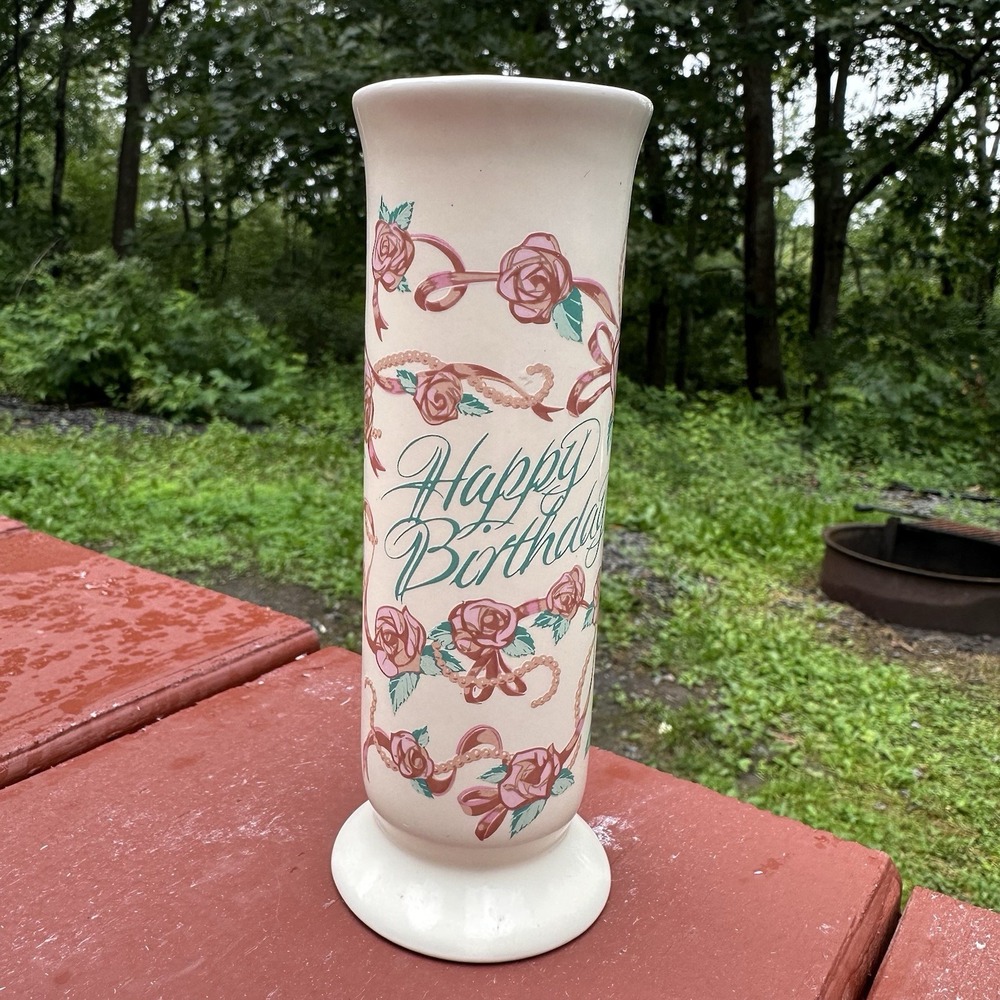 FTD VTG Bud Vase Happy Birthday Cream Off White W/Pink Roses Thailand 6.5"